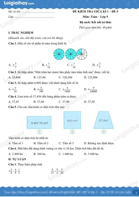 Đề kiểm tra giữa học kì 1 Toán 5 Kết nối tri thức - Đề số 5